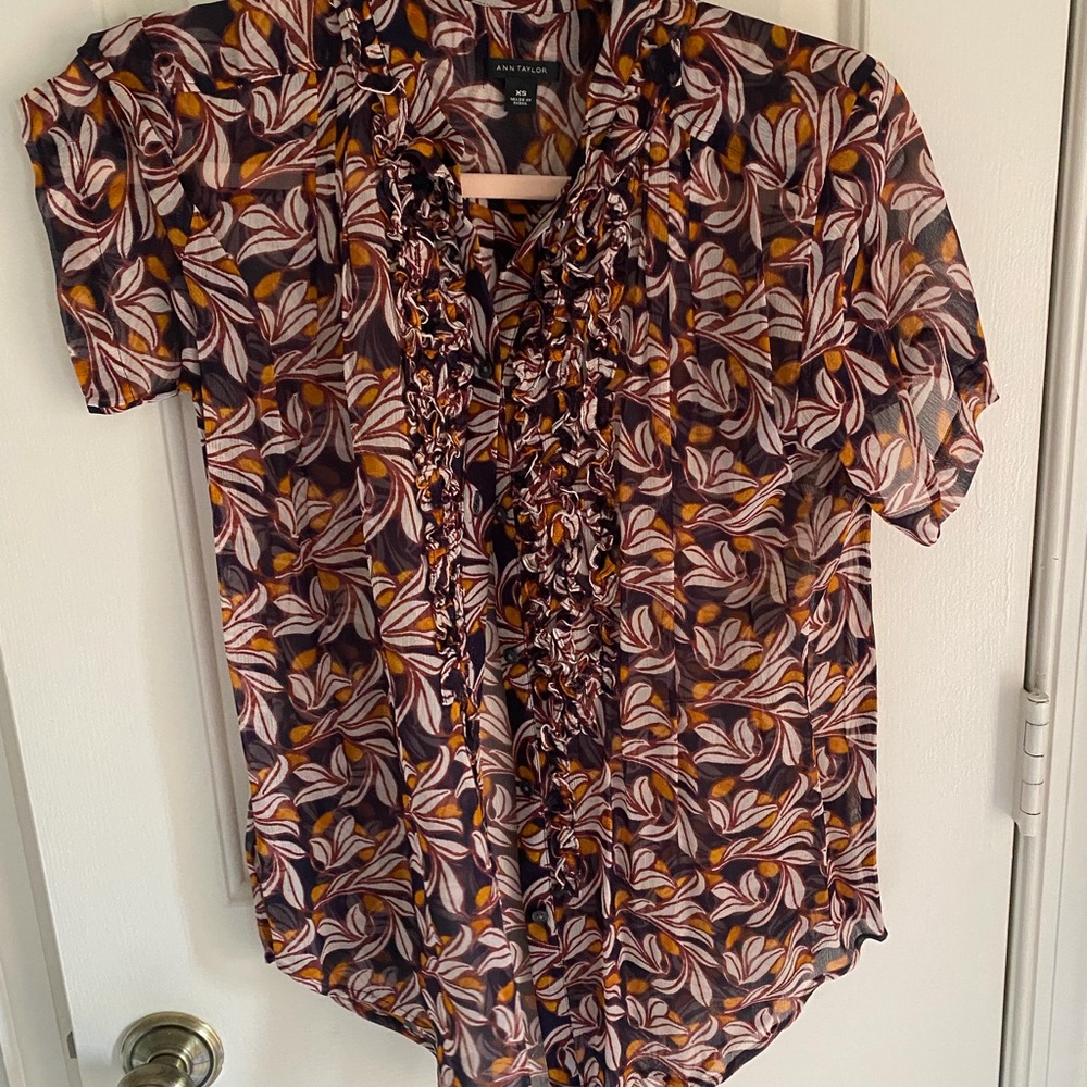 Ann Taylor Navy Sheer Multi Floral Ruffle Short-Sleeve Blouse